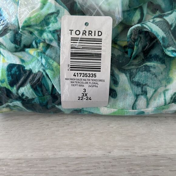 Torrid Maxi Gauze Halter Tiered Dress Watercolor Floral 3X (22-24) NWT IN PKG - Picture 5 of 6